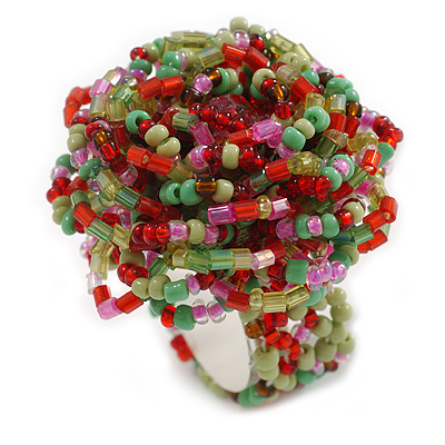40mm Diameter/Green/Red/Pink Glass Bead Layered Flower Flex Ring/ Size M - main view