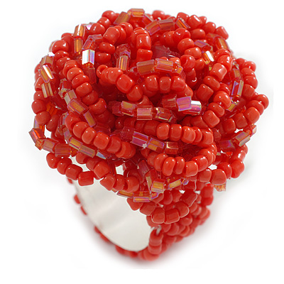 35mm Diameter/Pastel Red/Blush Red Glass Bead Layered Flower Flex Ring/ Size M - main view