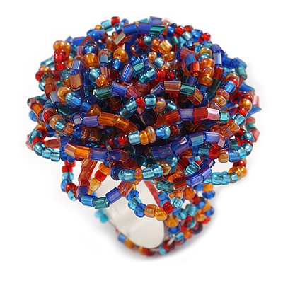 40mm Diameter/ Multicoloured Glass Bead Layered Flower Flex Ring/ Size S/M