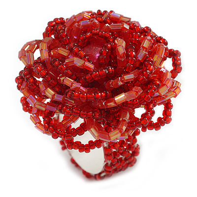 35mm Diameter/Red/Blush Red Glass Bead Layered Flower Flex Ring/ Size M