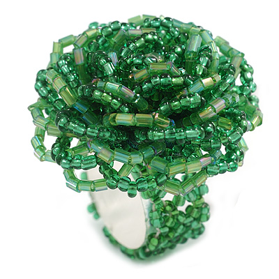 40mm Diameter/ Grass Green/Iridescent Glass Bead Layered Flower Flex Ring/ Size M