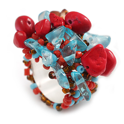 Red/Light Blue/Brown Glass Bead and Stone Cluster Band Style Flex Ring/ Size M/L