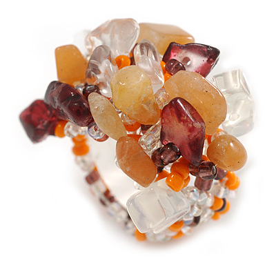 Caramel/Plum/Clear/Orange Glass Bead Cluster Band Style Flex Ring/ Size M - main view