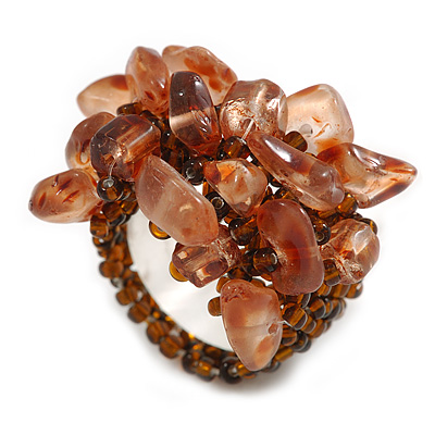 Brown Glass Bead and Glass Stone Cluster Band Style Flex Ring/ Size L - main view