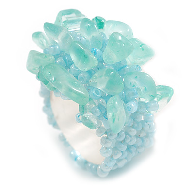 Aqua Glass Bead and Glass Stone Cluster Band Style Flex Ring/ Size M - main view