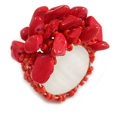 Red Glass Bead and Stone Cluster Band Style Flex Ring/ Size M/L