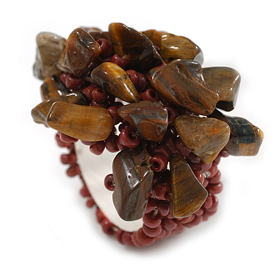 Brown Glass Bead and Semiprecious Stone Cluster Band Style Flex Ring/ Size L