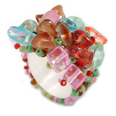 Summery Style Multicoloured Glass Bead Cluster Band Style Flex Ring/ Size M