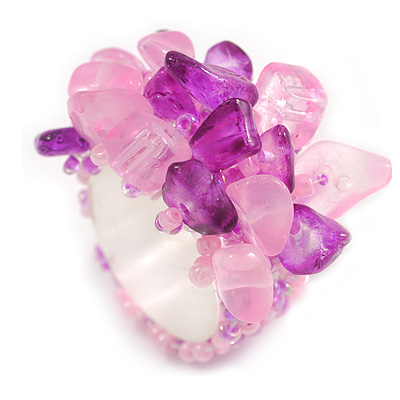 Pink/Purple Glass Bead and Glass Stone Cluster Band Style Flex Ring/ Size M