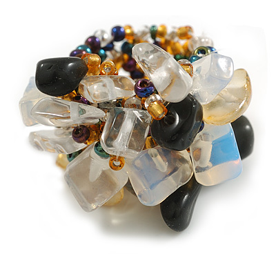 Milky White/Black/Orange Glass Bead Cluster Band Style Flex Ring/ Size M