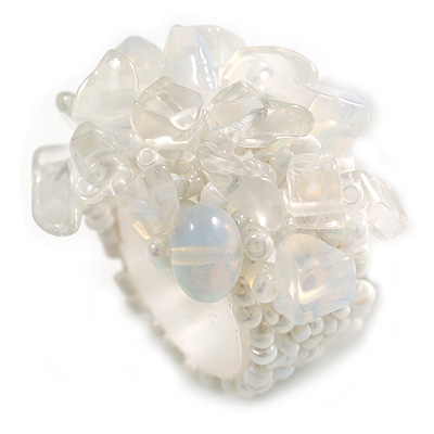 Opaque/Transparent/White Glass Bead and Semi Precious Stone Cluster Band Style Flex Ring/ Size L - main view