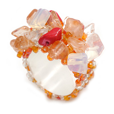 Orange/Red/Transparent Glass Bead and Semi Precious Stone Cluster Band Style Flex Ring/ Size M - main view