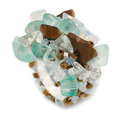 Clear/Aqua/Brown/White Glass Bead and Glass Stone Cluster Band Style Flex Ring/ Size M - main view