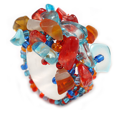 Red/Blue/Orange Glass Bead Cluster Band Style Flex Ring/ Size M - main view