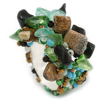 Green/Aqua/Black/Brown Glass Bead and Semi Precious Stone Cluster Band Style Flex Ring/ Size M