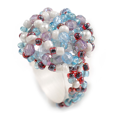 20mm D/Blue/White/Lavender Glass and Acrylic Bead Button-shaped Flex Ring - Size S/M - main view