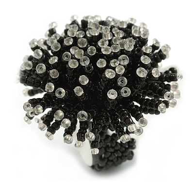 45mm Diameter Black/Transparent Glass Bead Flower Stretch Ring/Size M - main view