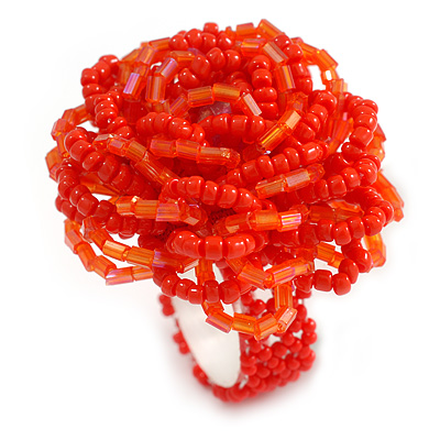 40mm Diameter/Carrot Red/Orange Glass Bead Layered Flower Flex Ring/ Size S - main view