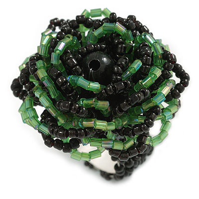 40mm Diameter/Black/ Spring Green Glass Bead Layered Flower Flex Ring/ Size S/M - main view
