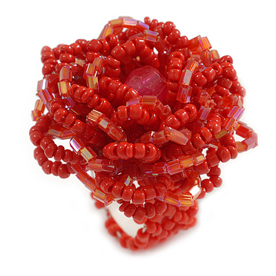 Brick Red Glass Bead Flower Stretch Ring/ 40mm Diameter - main view