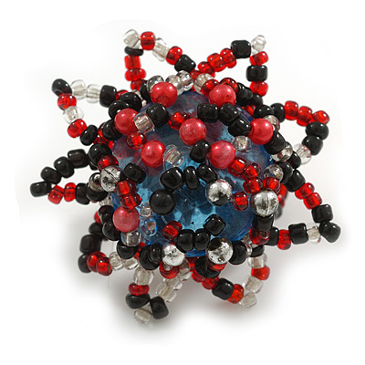 35mm D/Red/Black/Transparent Glass and Blue Acrylic Bead Sunflower Stretch Ring - Size M - main view