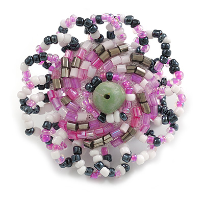 40mm Diameter/Pink/White/Hematite Glass Bead Daisy Flower Flex Ring/ Size M - main view