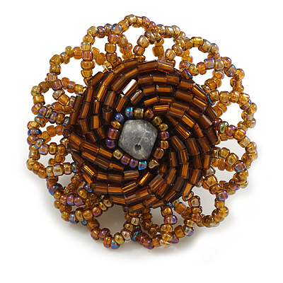 40mm Diameter/Shiny Brown Glass Bead Daisy Flower Flex Ring/ Size M