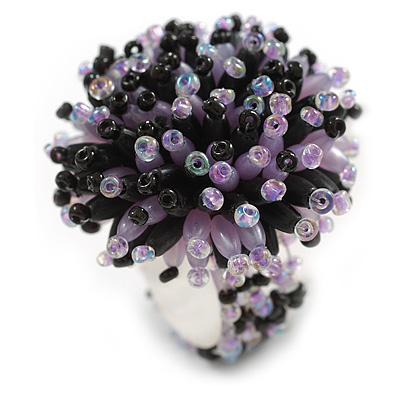 40mm Diameter/ Black/Lavender Acrylic/Glass Bead Daisy Flower Flex Ring - Size M - main view
