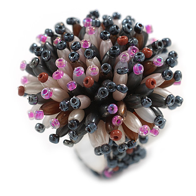 40mm Diameter/Light Pink/Hematite/Brown Acrylic/Glass Bead Daisy Flower Flex Ring - Size M - main view