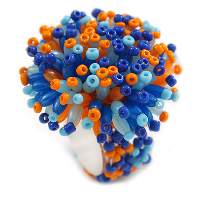40mm Diameter/Blue/Orange Acrylic/Glass Bead Daisy Flower Flex Ring - Size M