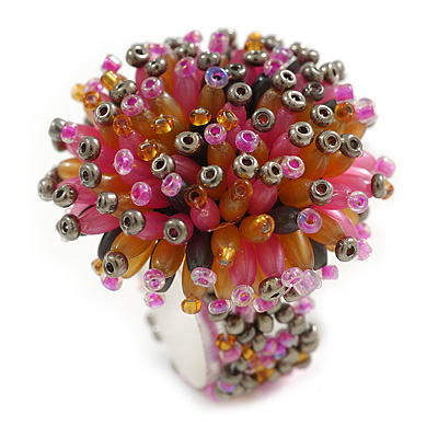 40mm Diameter/Pink/Orange/Hematite Glass Bead Daisy Flower Flex Ring - Size M - main view