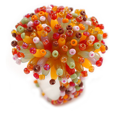40mm Diameter/Orange/Red/Green/Brown Acrylic/Glass Bead Daisy Flower Flex Ring - Size M