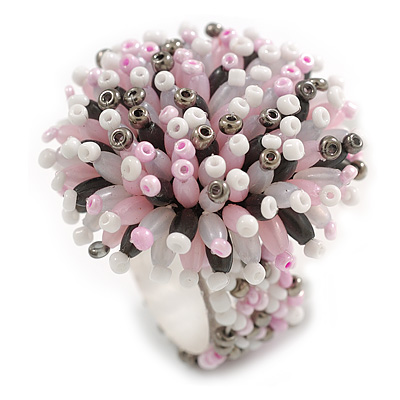 40mm Diameter/Pink/White/Hematite Acrylic/Glass Bead Daisy Flower Flex Ring - Size M