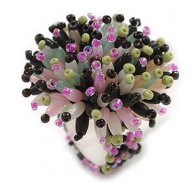 40mm Diameter/Pink/Black/Green Acrylic/Glass Bead Daisy Flower Flex Ring - Size M - main view