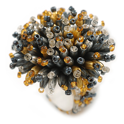 40mm Diameter/Hematite/Gold/Transparent Acrylic/Glass Bead Daisy Flower Flex Ring - Size M
