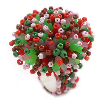 40mm Diameter/Green/Pink/Brown/Red Acrylic/Glass Bead Daisy Flower Flex Ring - Size M - main view