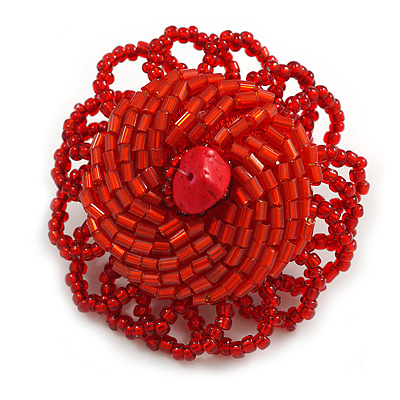40mm Diameter/ Scarlet Red Glass Bead Daisy Flower Flex Ring/ Size M - main view