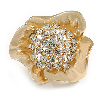 Large Clear Flower Cocktail Ring In Gold Plating - Adjustable (Size 7/8) - 5cm Diameter