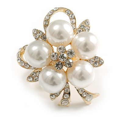 Clear Crystal Simulated Pearl Daisy Cocktail Ring In Gold Plated Metal - 45mm Across - 7/8 Size Adjustable