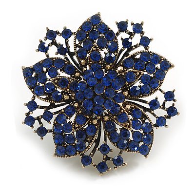 Oversized Sapphire Blue Crystal Flower Ring In Aged Gold Tone/ Victorian Style - 55mm Diameter