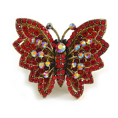 Madame Butterfly Statement Aged Gold Tone Ring (Red Crystal Shades) - Adjustable size 7/8