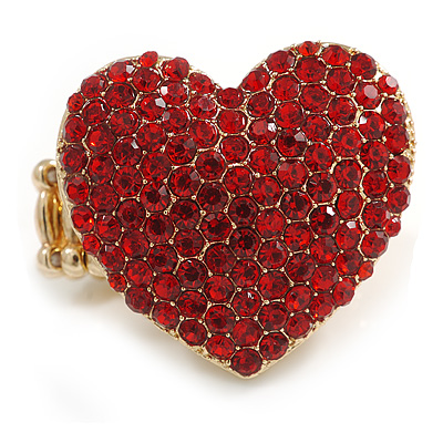 Gold Plated Red Crystal Paved 'Be Mine' Heart Shaped Cocktail Stretch Ring - 3cm Length - Adjustable Size 7/8