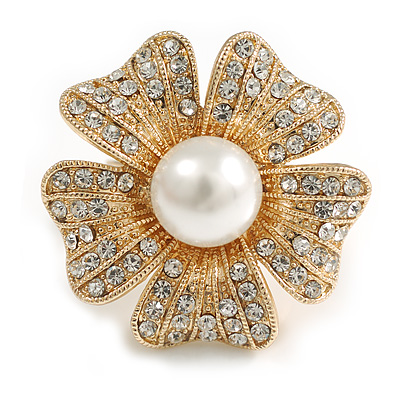 Clear Crystal White Faux Pearl Daisy Flower Cocktail Ring in Gold Tone - 30mm - Size 7/8 - Adjustable