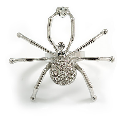 Striking Clear Crystal Spider Ring In Silver Tone - 45mm Across - 7/8 Size Adjustable