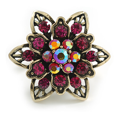 Vintage Inspired Magenta Crystal Flower Cocktail Ring in Aged Gold Tone - 30mm Across