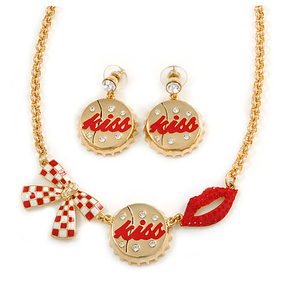 Gold Plated Kiss, Lips and Bow Costume Jewellery Set