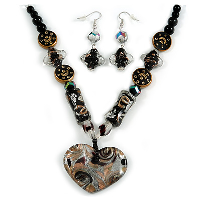 Black Glass Heart Fashion Necklace & Earrings