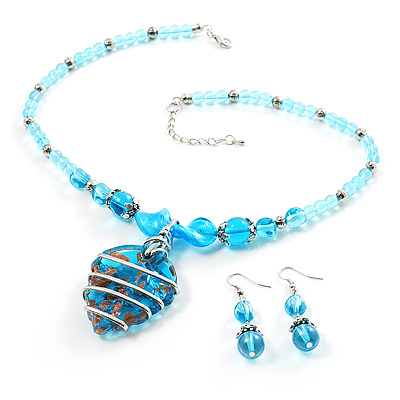 Blue Glass Bead Leaf Pendant & Earring Fashion Set - main view