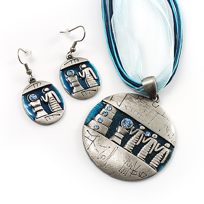 Silver Tone 'Egyptian Life' Necklace And Drop Earrings Set - main view