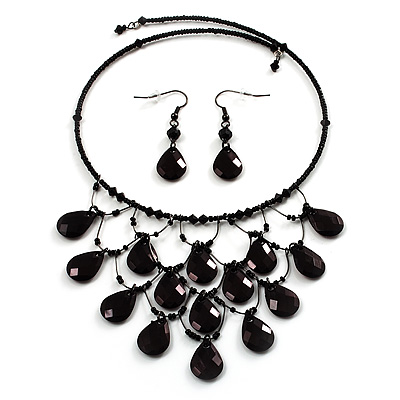 Black Beaded Bib Choker Necklace And Drop Earrings Set - main view